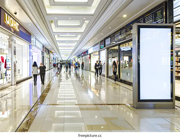Shopping Mall Interior with People Walking and Shops