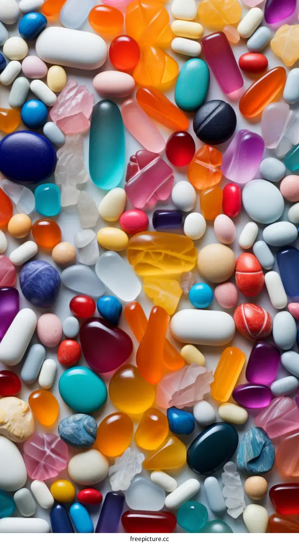 Colorful pebbles and pills background