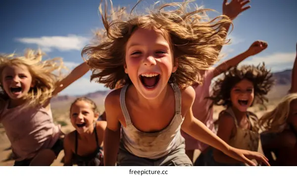 Ecstatic children jumping in the desert