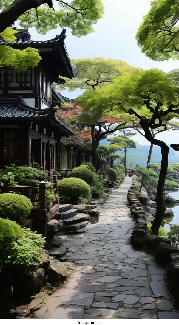Japanese garden with a stone path and traditional houses