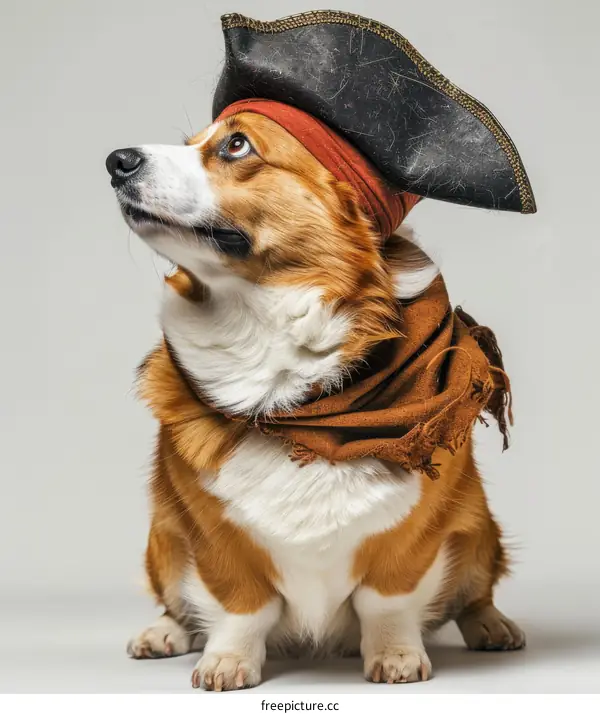A cute corgi dog wearing a pirate hat and scarf