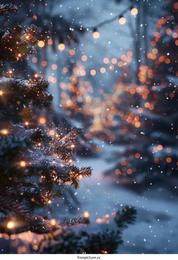 Christmas Lights and Snow in Winter Forest