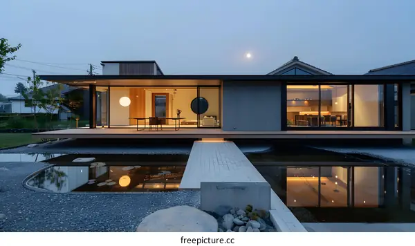 Modern Japanese House with Water Feature and Bridge