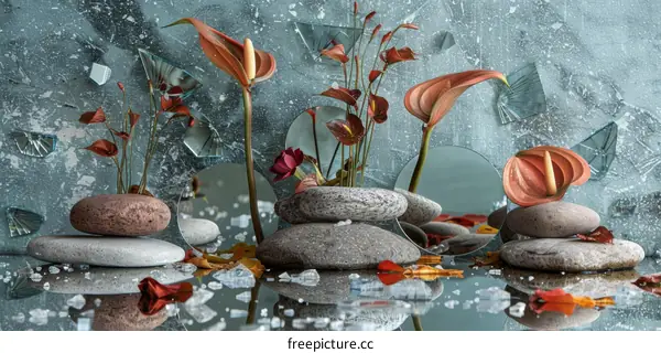 Anthurium Still Life with Stones and Reflections