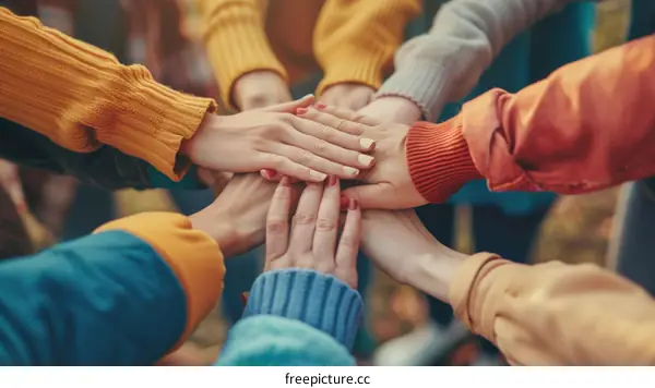 Multiracial group of unrecognizable people joining hands together