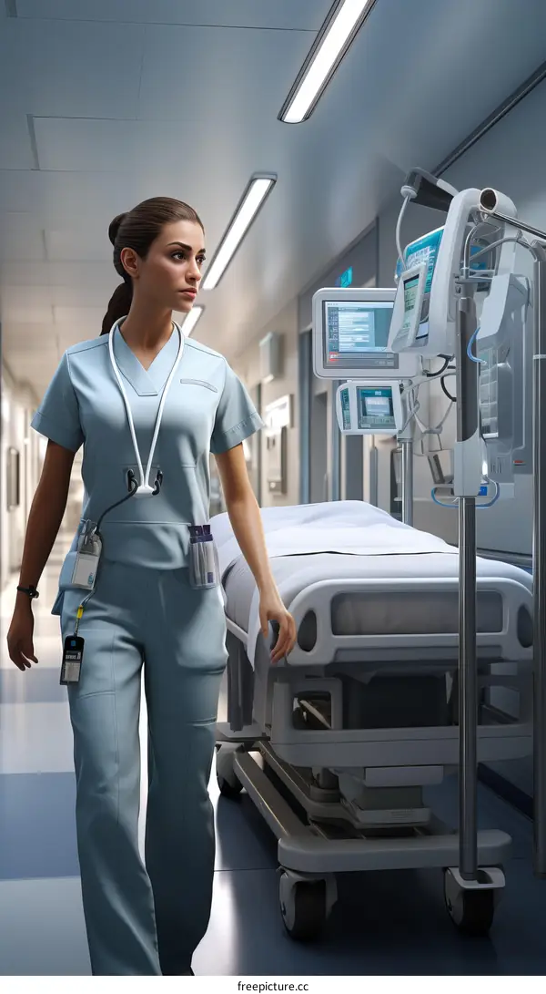 Caucasian Female Nurse Pushing an Empty Hospital Gurney