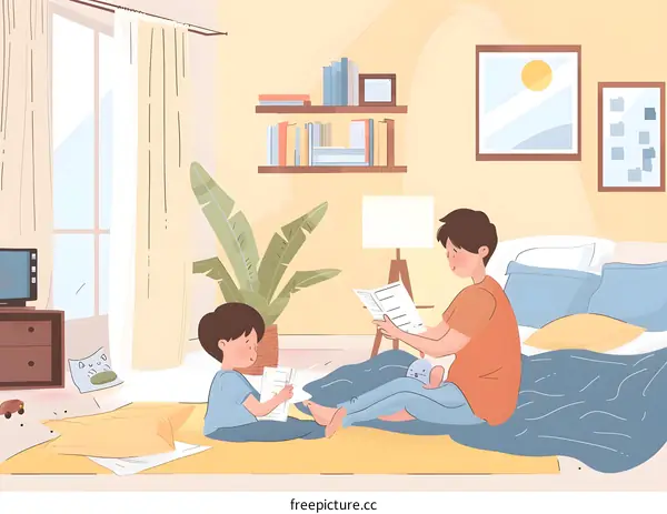 Father and Son Reading Together In The Living Room