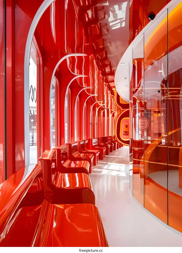 Red Curved Hallway With Benches