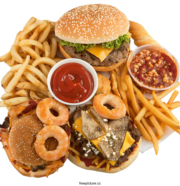 [Transparent Background PNG]Fast Food Meal with Burgers, French Fries, and Onion Rings