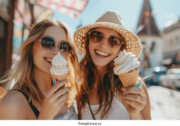 Two happy young women friends eating ice cream and walking in the city street