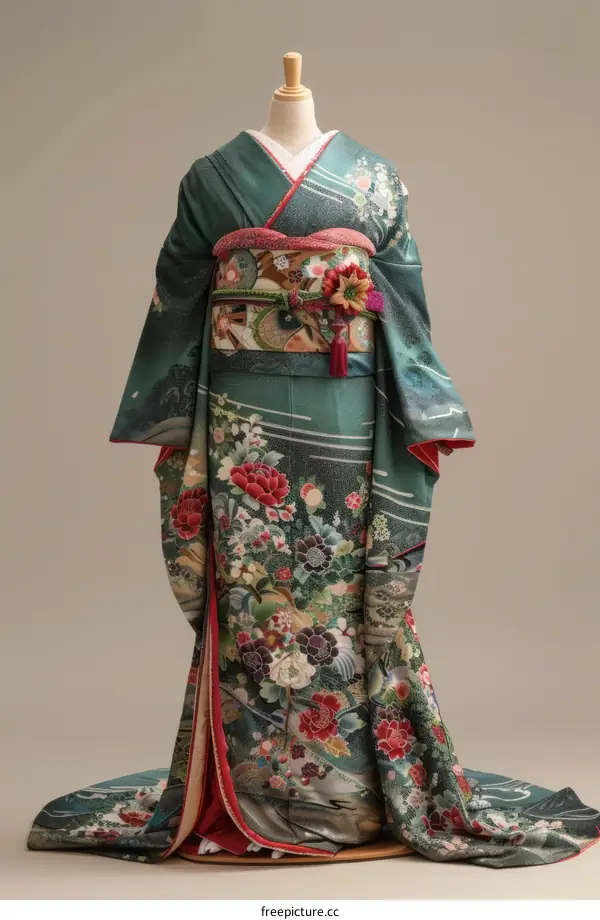 A woman wearing a green kimono with red and white flowers and a red obi