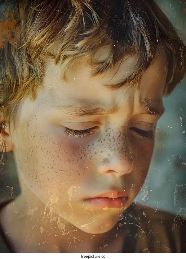 sad lonely boy looking down with freckles on his face