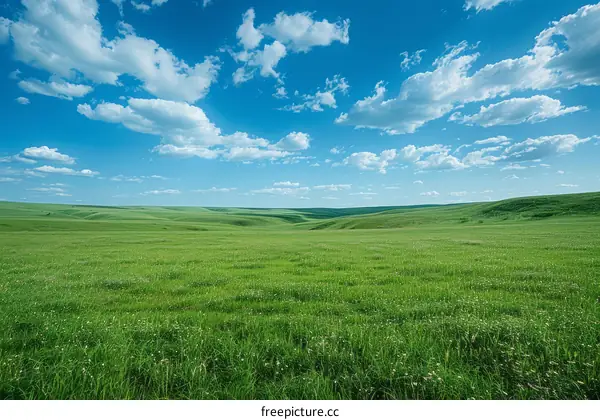 Vast Grassland Under a Blue Sky with White Clouds