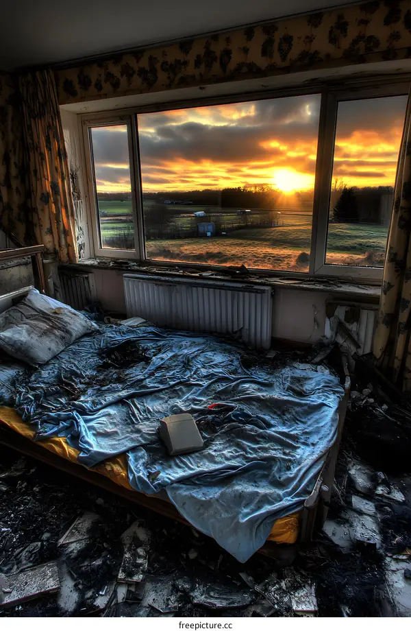 Abandoned Bedroom with Sunset View Through Window