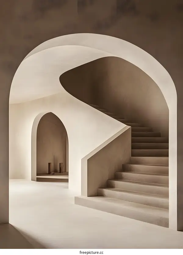 Minimalist Modern Interior Design with Curved Staircase and Arches