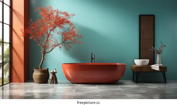 A Red Bathtub in a Modern Bathroom with Blue Walls, Potted Tree, Wooden Table, White Bowl, and Vase