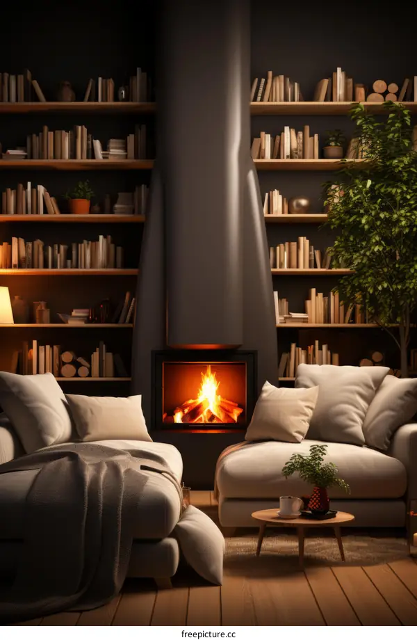 A cozy living room with a fireplace and a large bookshelf