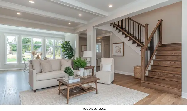 Modern Farmhouse Living Room with Wooden Staircase