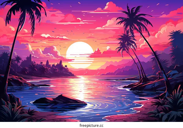 Tropical Beach Sunset with Palm Trees