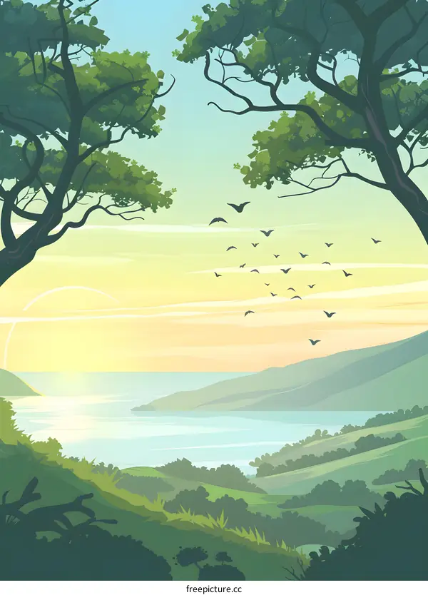 Nature Landscape with Birds Flying in Heart Formation