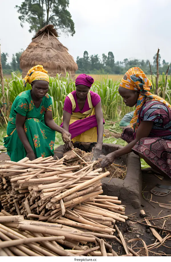 African Women Making Fire In Rural Village