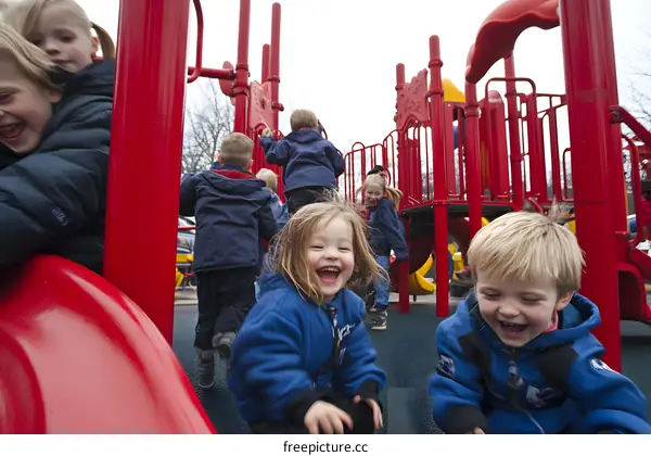 Children Playing on Red and Yellow Playground Equipment