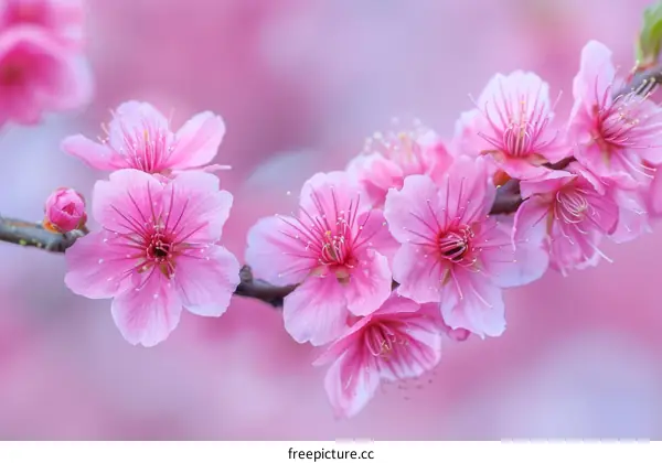 A branch of pink cherry blossoms in full bloom against a blurred background