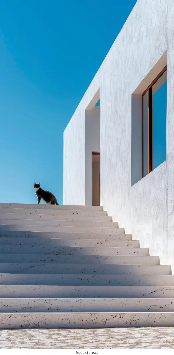 A cat is sitting on the concrete stairs of a modern house