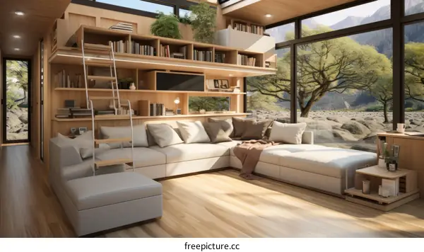 Cozy Living Room Interior with Bookshelf and Couch