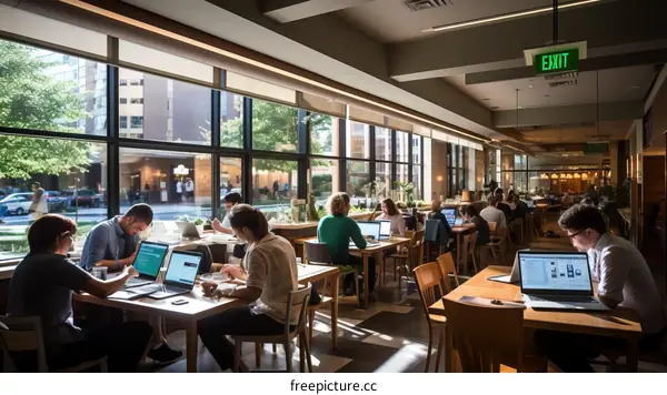 Group of diverse young people working in a cafe