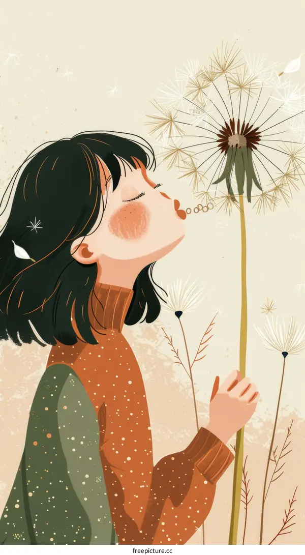 A Girl Blowing Dandelion Seeds and Making a Wish