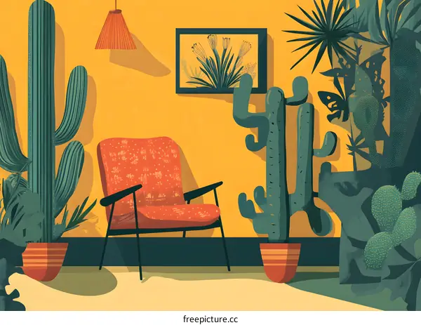 Cactus Illustration With Chair and Hanging Lamp