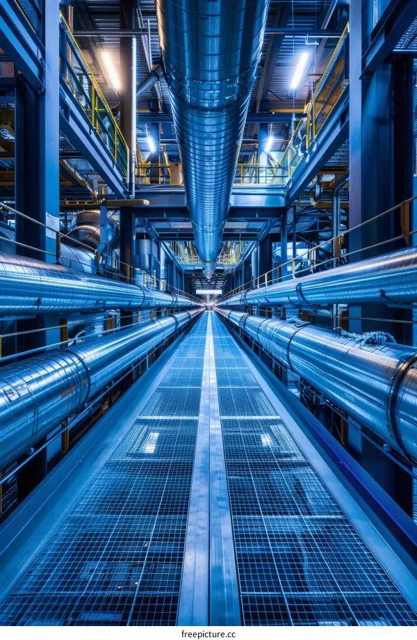 Blue industrial pipes and a long walkway
