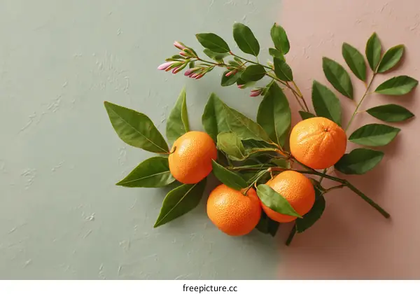 Fresh Tangerines with Leaves and Blossoms on a Textured Background