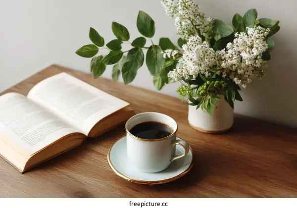 Peaceful Morning Reading with Coffee and Flowers