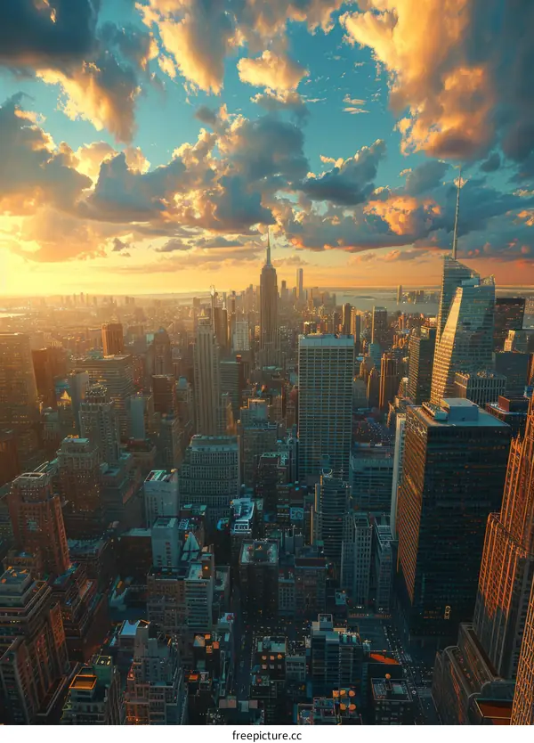 Aerial View of New York City Skyline at Sunset