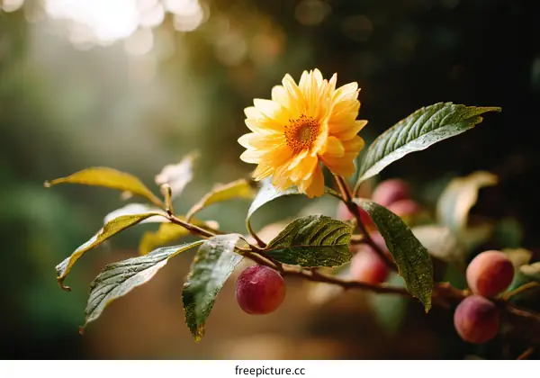 Close Up of a Beautiful Yellow Flower with Fruit