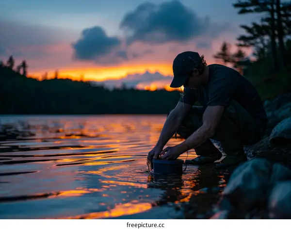 Man washing dishes in lake at sunset