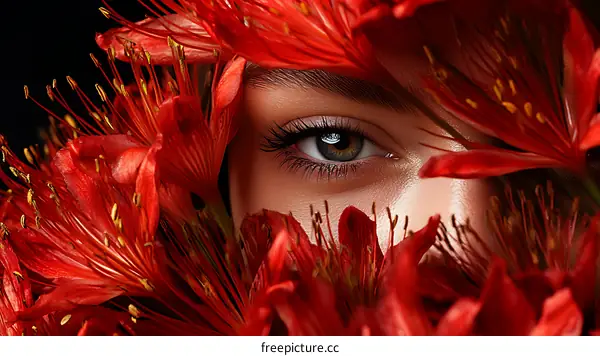 Closeup of Woman with Red Flowers