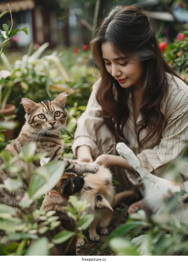 A young woman is petting two cats in a garden.