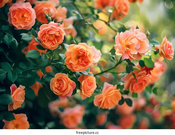 Peach Colored Roses Blooming In The Garden