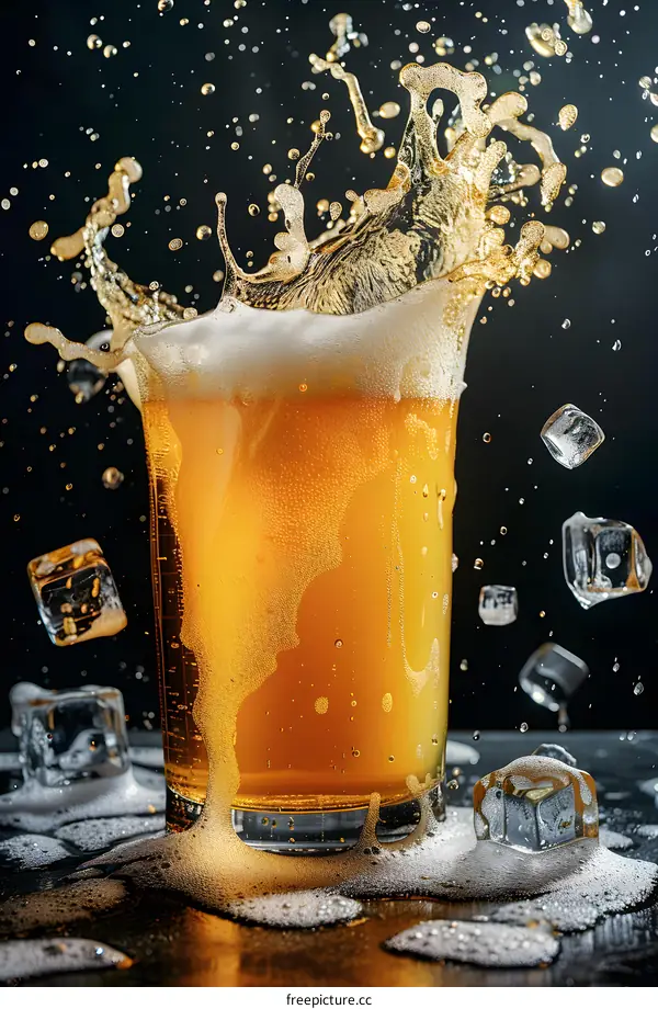 Beer Splash With Ice Cubes On Black Background