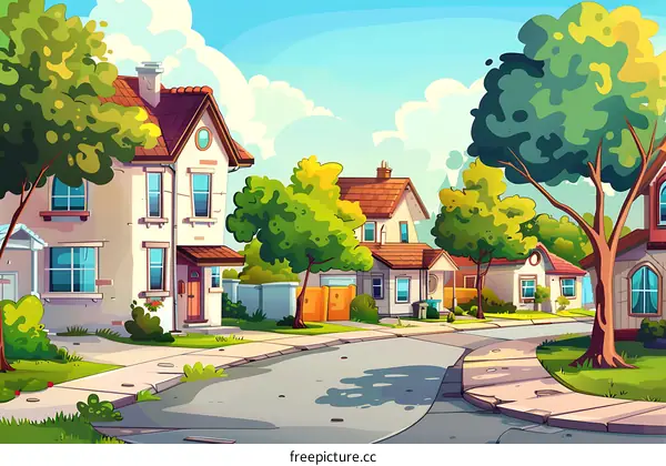 Cartoon Illustration Of Suburban Street With Houses And Trees