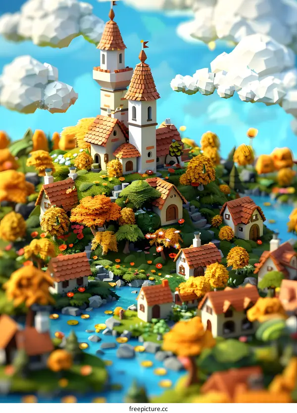 A beautiful illustration of a castle on a hill surrounded by a moat and autumn trees