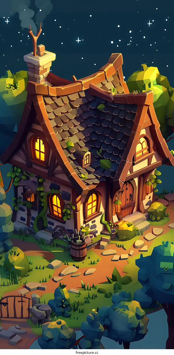 Low Poly Cottage Illustration in Night Sky