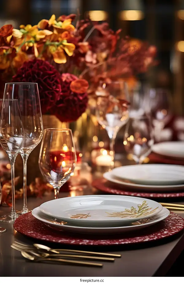 Elegant table setting with wine glasses and floral centerpiece
