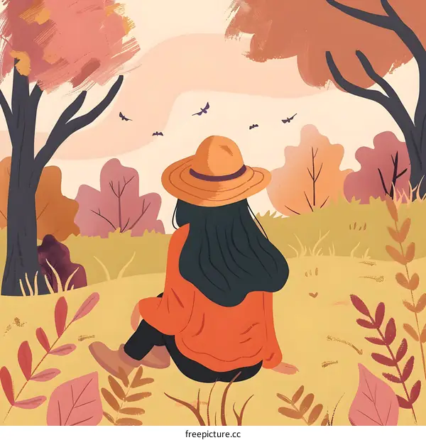 Woman Sitting in the Autumn Forest with a Hat