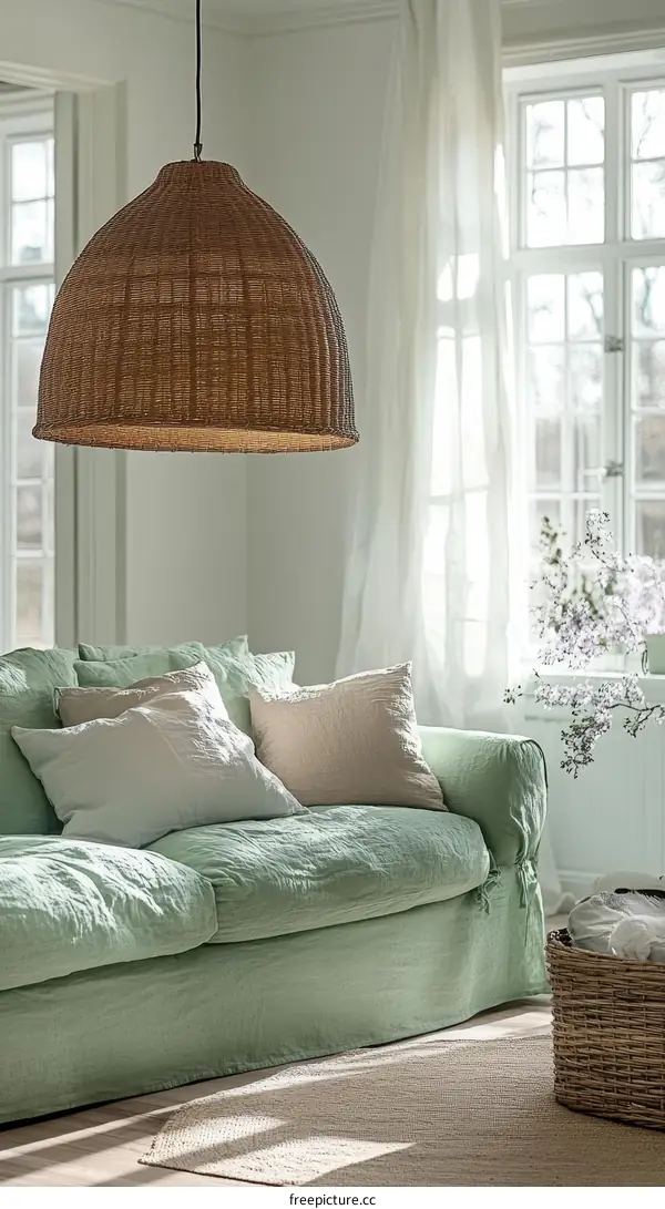 Light Green Linen Sofa with Woven Pendant Lamp