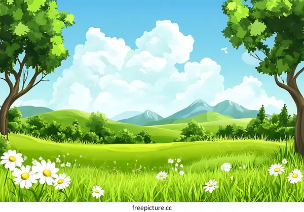 Green Grass Field with Mountains and Trees