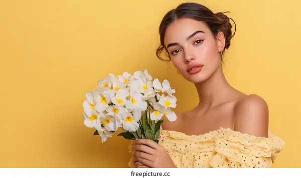 Woman in Yellow Dress Holding White Flowers